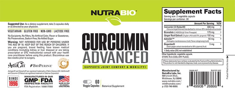 NUTRABIO - Curcumin Advanced 60 Capsules - SuppLocker
